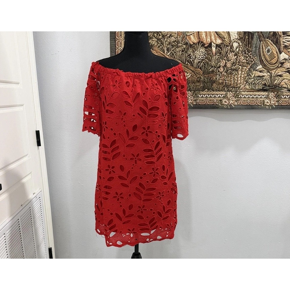 Gianni Bini Dress Womens Large Red Off Shoulder Eyelet Lace Mini Lined‎ Party